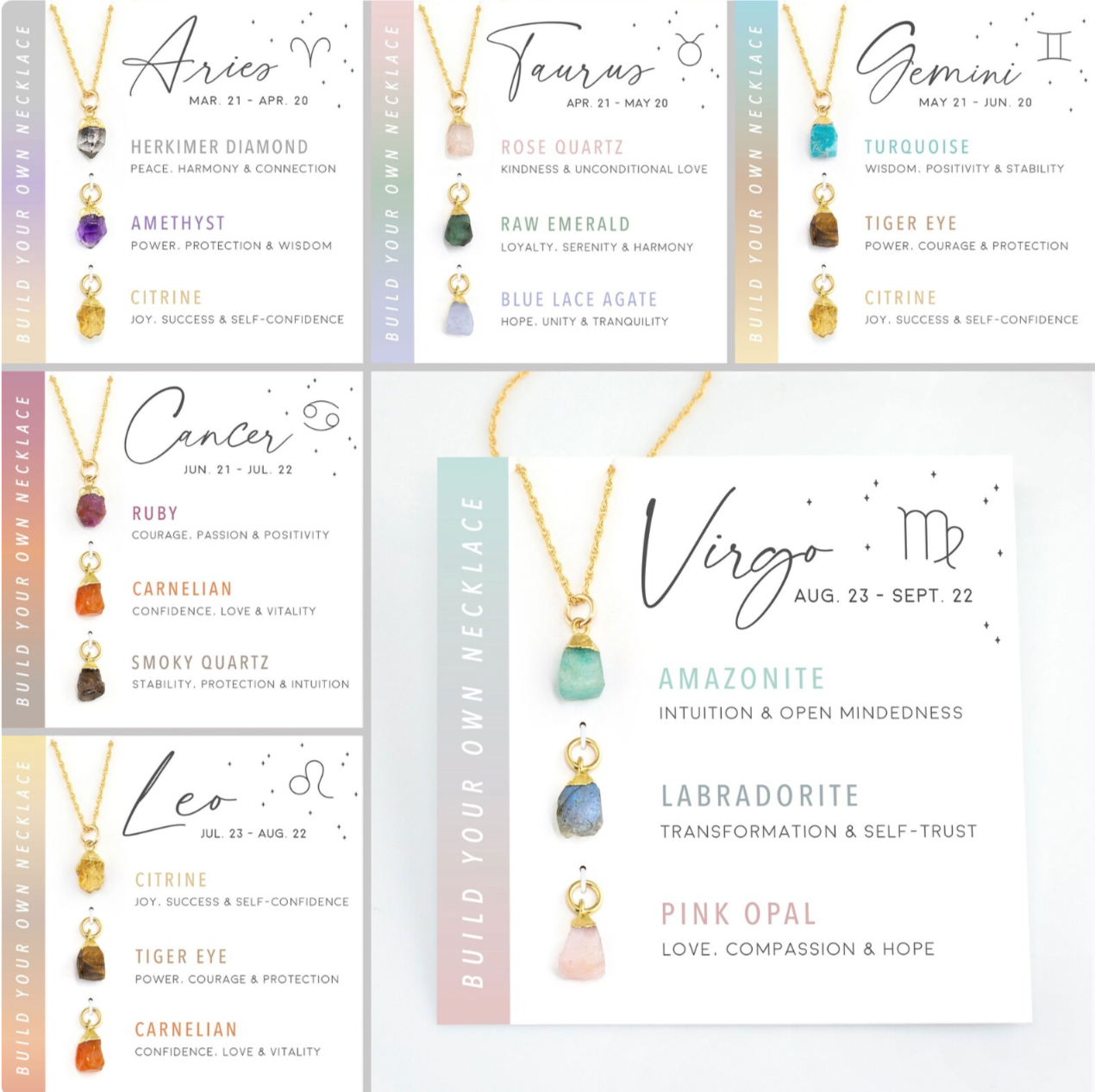 Tarnish Free - Natural Stone Zodiac Crystal Card Necklace - 3 Piece Gift Set