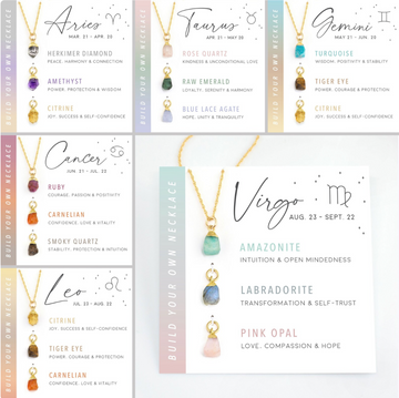 Tarnish Free - Natural Stone Zodiac Crystal Card Necklace - 3 Piece Gift Set