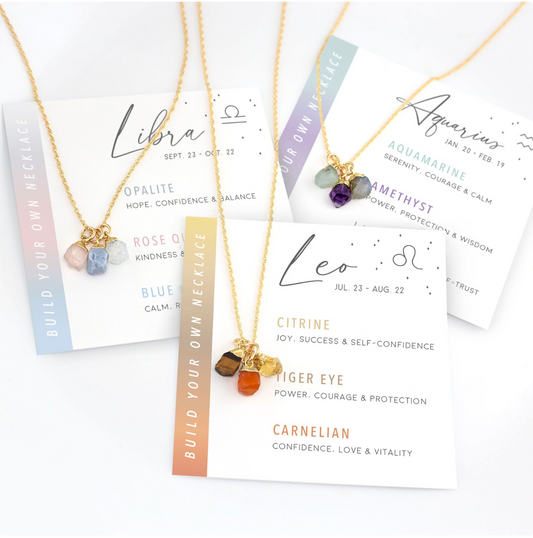 Tarnish Free - Natural Stone Zodiac Crystal Card Necklace - 3 Piece Gift Set